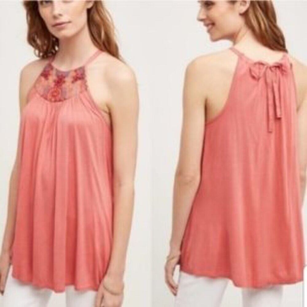 Anthropologie One September Taren Halter Tank Top Flowy Coral Embroidery Size S